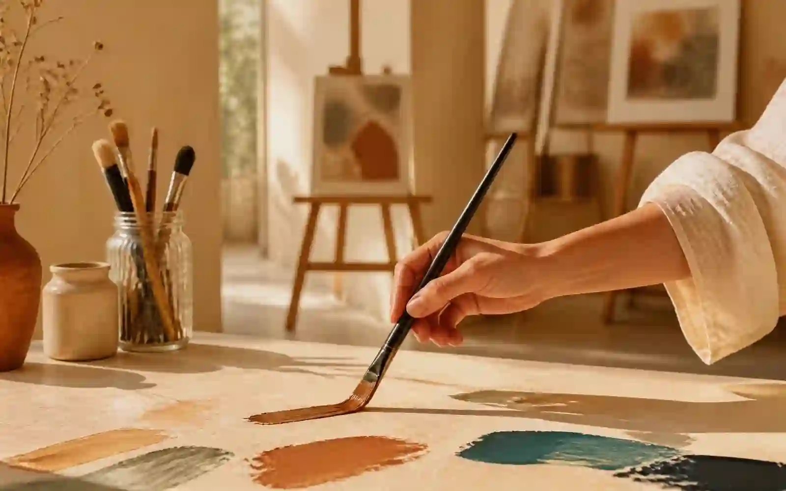 Hand painting terracotta and terracotta strokes in a sunlit art studio